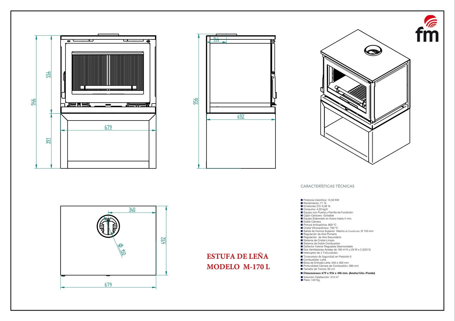 Estufa De Leña Con Turbinas Modelo M-170 L 4 Estufa De Leña Con Turbinas Modelo M-170 L - Imagen 2